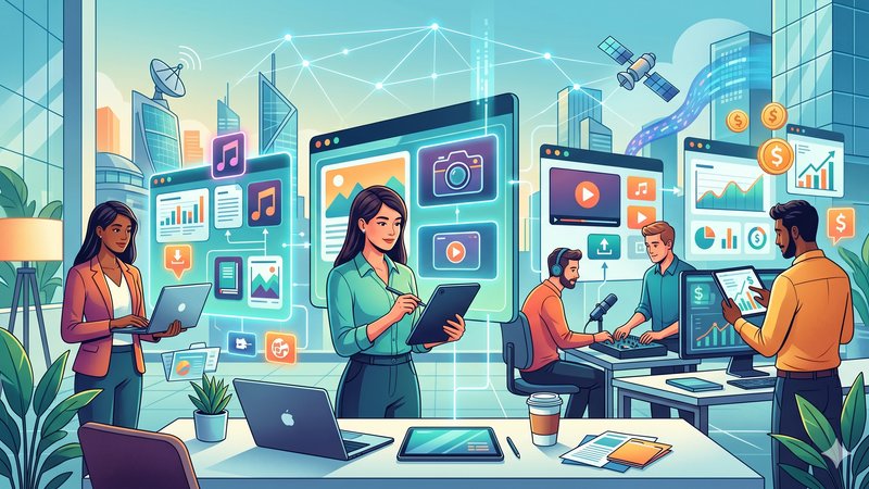 Современная иллюстрация с иконками цифрового контента для обзора лучших фотостоков 2026 года