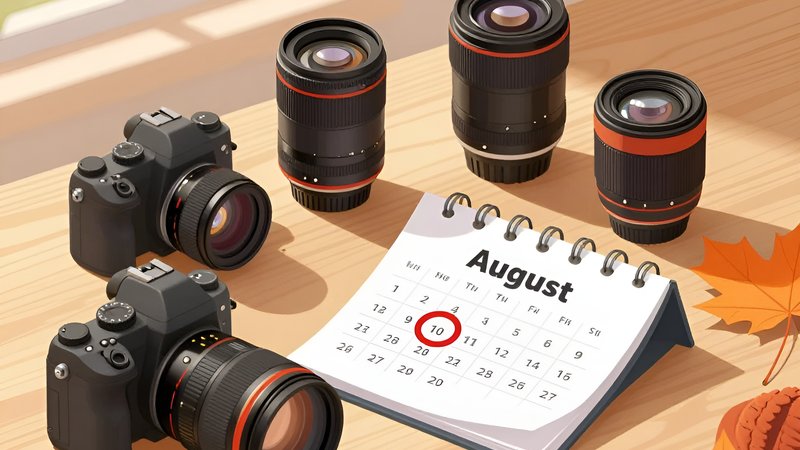 Профессиональный фотоаппарат с объективами и кленовыми листьями для подготовки осеннего контента от Be Happy Studio